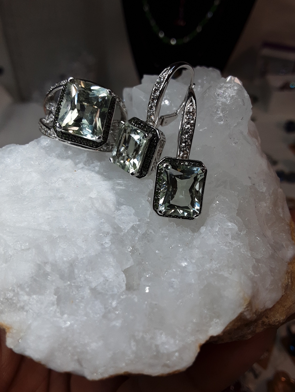925 Genuine Prasiolite, Green Diamond, White Topaz Set.